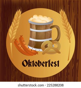 a beer mug with foam, a pretzel, sausages and wheats on a wooden background