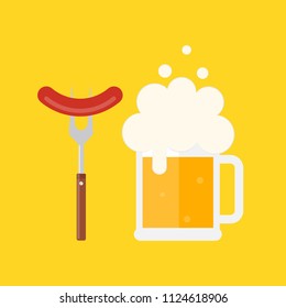 Beer mug with foam and sausage on a fork. Sausage on barbecue fork. Grilled sausage. Vector illustration flat design. Isolated.