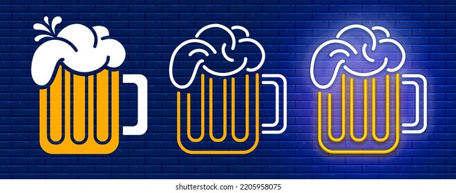 Cerveza con espuma, conjunto de diseño plano, estilo de contorno y efecto neón sobre el fondo de la pared de ladrillo azul. Ilustración del vector