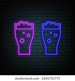 Beer mug with foam, set of flat design, outline style and with neon effect on blue brick wall background. Vector illustration.