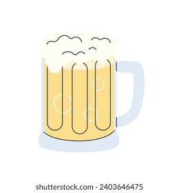 Beer mug with foam. Stein beer glass. Refreshing drinks. Beverage alcohol. Flat cartoon style vector illustration isolated on white background