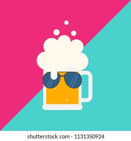 Beer mug with foam and sunglasses. Flat vector illustration. Isolated.
