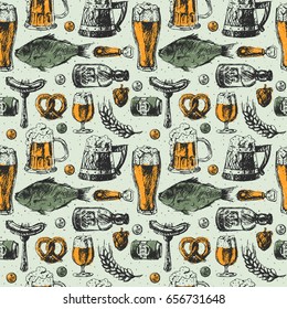 Beer mug and food products seamless pattern vector background with fish, drink in glass