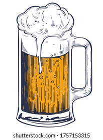 Beer mug with froth, hand drawn vector, engraving style