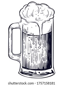 Beer mug with froth, hand drawn vector, engraving style