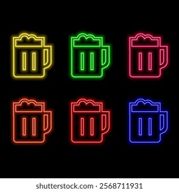 Beer mug with froth on brick background. Neon style illustration. Pub, bar, Oktoberfest.