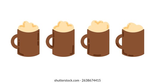 Beer mug with froth. Wooden medieval mug on isolated white background. Classic bar icon in cartoon flat color style. Alcohol product labeling. Brown and beige tones. Vector illustration, EPS 10.