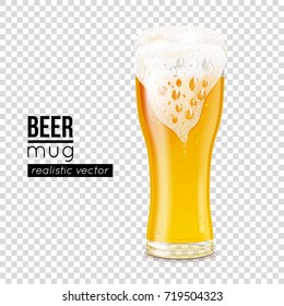 Beer mug full of cold refreshing drink with white frothy foam realistic vector illustration on transparent background. Beers brewing label design with text