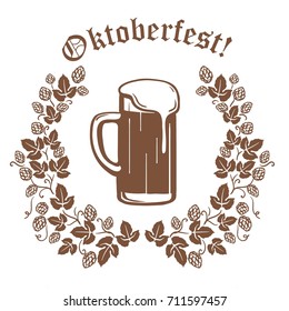 beer mug full of beer with foam top and fragrant hops. craft beer. oktoberfest