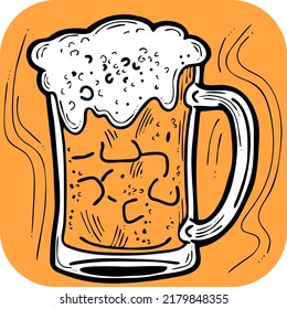 La taza de cerveza está llena de una bebida fría. Bebida tradicional alemana. Símbolo de la fiesta de octubre, logo de la fábrica de cerveza, cartel publicitario para el diseño de afiches o postal. Ilustración dibujada a mano. Dibujo vectorial de estilo de dibujos animados.
