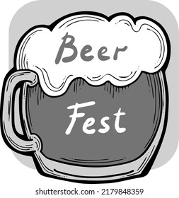 Beer mug full of foamy cold drink. Traditional German beverage. Octoberfest symbol, brewery logo, advertising sign for poster design or postcard. Hand drawn illustration. Cartoon style vector drawing.