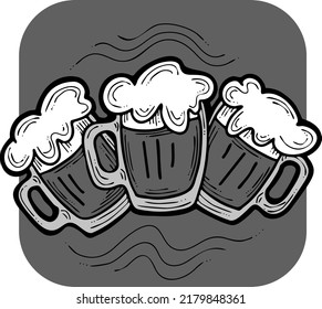 Beer mug full of foamy cold drink. Traditional German beverage. Octoberfest symbol, brewery logo, advertising sign for poster design or postcard. Hand drawn illustration. Cartoon style vector drawing.