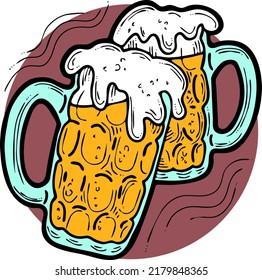 Beer mug full of foamy cold drink. Traditional German beverage. Octoberfest symbol, brewery logo, advertising sign for poster design or postcard. Hand drawn illustration. Cartoon style vector drawing.