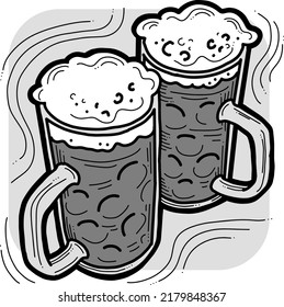 Beer mug full of foamy cold drink. Traditional German beverage. Octoberfest symbol, brewery logo, advertising sign for poster design or postcard. Hand drawn illustration. Cartoon style vector drawing.