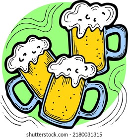 Bierkrug voller schäumendes kaltes Getränk. Traditionelles deutsches Getränk. Oktoberfest Symbol, Brauereilogo, Werbezeichen für Plakatdesign oder Postkarte. Handgezeichnete Illustration. Cartoon-artige Vektorgrafik.