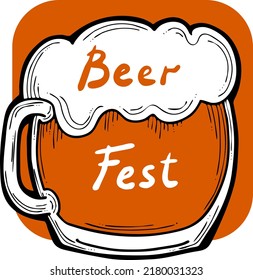 Beer mug full of foamy cold drink. Traditional German beverage. Octoberfest symbol, brewery logo, advertising sign for poster design or postcard. Hand drawn illustration. Cartoon style vector drawing.