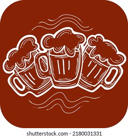 Beer mug full of foamy cold drink. Traditional German beverage. Octoberfest symbol, brewery logo, advertising sign for poster design or postcard. Hand drawn illustration. Cartoon style vector drawing.
