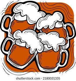 Beer mug full of foamy cold drink. Traditional German beverage. Octoberfest symbol, brewery logo, advertising sign for poster design or postcard. Hand drawn illustration. Cartoon style vector drawing.