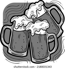Beer mug full of foamy cold drink. Traditional German beverage. Octoberfest symbol, brewery logo, advertising sign for poster design or postcard. Hand drawn illustration. Cartoon style vector drawing.