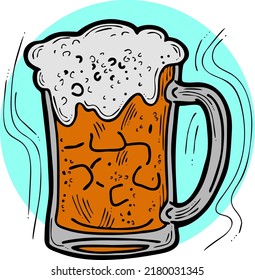 Beer mug full of foamy cold drink. Traditional German beverage. Octoberfest symbol, brewery logo, advertising sign for poster design or postcard. Hand drawn illustration. Cartoon style vector drawing.