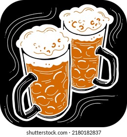 Beer mug full of foamy cold drink. Traditional German beverage. Octoberfest symbol, brewery logo, advertise sign for poster design or postcard. Hand drawn illustration. Chalkboard style vector drawing