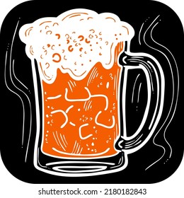 Beer mug full of foamy cold drink. Traditional German beverage. Octoberfest symbol, brewery logo, advertise sign for poster design or postcard. Hand drawn illustration. Chalkboard style vector drawing