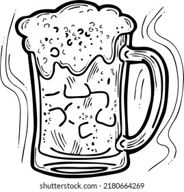 Beer mug full of foamy cold drink. Traditional German beverage. Octoberfest symbol, brewery logo, advertising sign for poster design or postcard. Hand drawn illustration. Cartoon style vector drawing.
