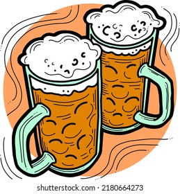 Beer mug full of foamy cold drink. Traditional German beverage. Octoberfest symbol, brewery logo, advertising sign for poster design or postcard. Hand drawn illustration. Cartoon style vector drawing.