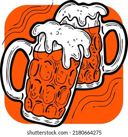 Beer mug full of foamy cold drink. Traditional German beverage. Octoberfest symbol, brewery logo, advertising sign for poster design or postcard. Hand drawn illustration. Cartoon style vector drawing.