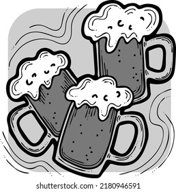 Beer mug full of foamy cold drink. Traditional German beverage. Octoberfest symbol, brewery logo, advertising sign for poster design or postcard. Hand drawn illustration. Cartoon style vector drawing.