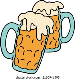 Beer mug full of foamy cold drink. Traditional German beverage. Octoberfest symbol, brewery logo, advertising sign for poster design or postcard. Hand drawn illustration. Cartoon style vector drawing.