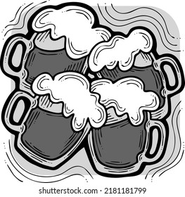 Beer mug full of foamy cold drink. Traditional German beverage. Octoberfest symbol, brewery logo, advertising sign for poster design or postcard. Hand drawn illustration. Cartoon style vector drawing.