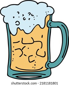 Beer mug full of foamy cold drink. Traditional German beverage. Octoberfest symbol, brewery logo, advertising sign for poster design or postcard. Hand drawn illustration. Cartoon style vector drawing.