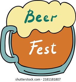 La taza de cerveza está llena de una bebida fría. Bebida tradicional alemana. Símbolo de la fiesta de octubre, logo de la fábrica de cerveza, cartel publicitario para el diseño de afiches o postal. Ilustración dibujada a mano. Dibujo vectorial de estilo de dibujos animados.