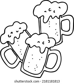 Beer mug full of foamy cold drink. Traditional German beverage. Octoberfest symbol, brewery logo, advertising sign for poster design or postcard. Hand drawn illustration. Cartoon style vector drawing.