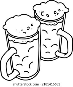 Beer mug full of foamy cold drink. Traditional German beverage. Octoberfest symbol, brewery logo, advertising sign for poster design or postcard. Hand drawn illustration. Cartoon style vector drawing.