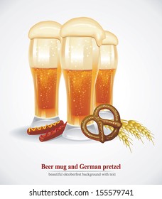 Beer mug with German pretzel. Beautiful Oktoberfest design. Vector illustration with your text