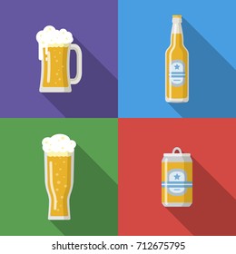 Beer mug, glass, bottle, beer can isolated icons. Vector image for web, poster, invitation to party - time to drink. Colorful vector illustration in flat style.