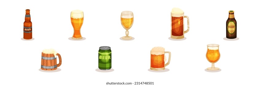 Beer Mug and Glass of Cold Drink with Foam Vector Set