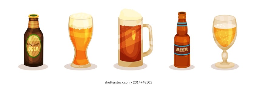Beer Mug and Glass of Cold Drink with Foam Vector Set