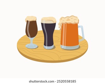 Beer in a mug, glass. Beer day, festival, holiday. Wooden board, podium. October. Vector illustration, isolated background.