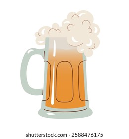 Beer mug. Glass mug full of beer, and foam. Beer pint flat illustration for pub or bar menu, party poster, banner. Vector illustration isolated on a white background.