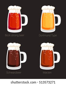 Beer mug or glass goblet, tankard isolated icons. Foam over bock strong beverage and marzen, schwarzbeer and dortmund beer in glass mug, stein. Shop or store logo, mug icon, brewery and drink, booze