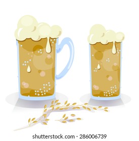 Beer mug and glass of beer, with grain. 