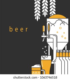 Beer Mug, Glass, Beer Tap, Equipment For The Brewery, Wheat And Hops. A Brochure Design Template For A Pub, Restaurant, Bar. Leaflet, Advertising Booklet, Label. Vector Illustration.