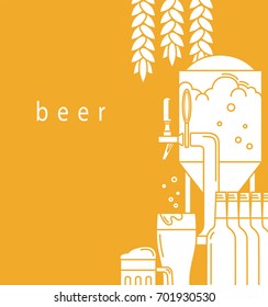 Beer mug, glass, beer tap,equipment for brewery, malt. A brochure design template for a brewery, pub, restaurant, bar. Flyer, advertising booklet, label. Vector illustration is cropped with a mask.