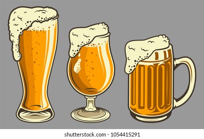 Beer mug and glasses with foam set in vintage style. Vector illustration