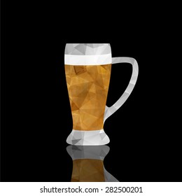 Beer mug of golden beer with reflection isolated on black background. Polygonal vector illustration.