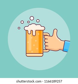 Beer mug in hand flat line icon. Vector illustration.