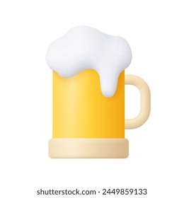 Beer mug with handle and foam. 3d vector icon. Cartoon minimal style.